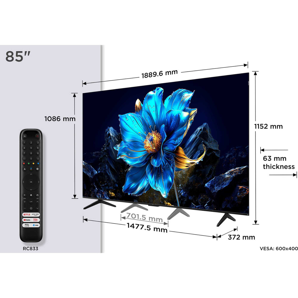 TCL P7K-UK 85" 4K Smart QLED Google TV 60Hz - 85P7KUK