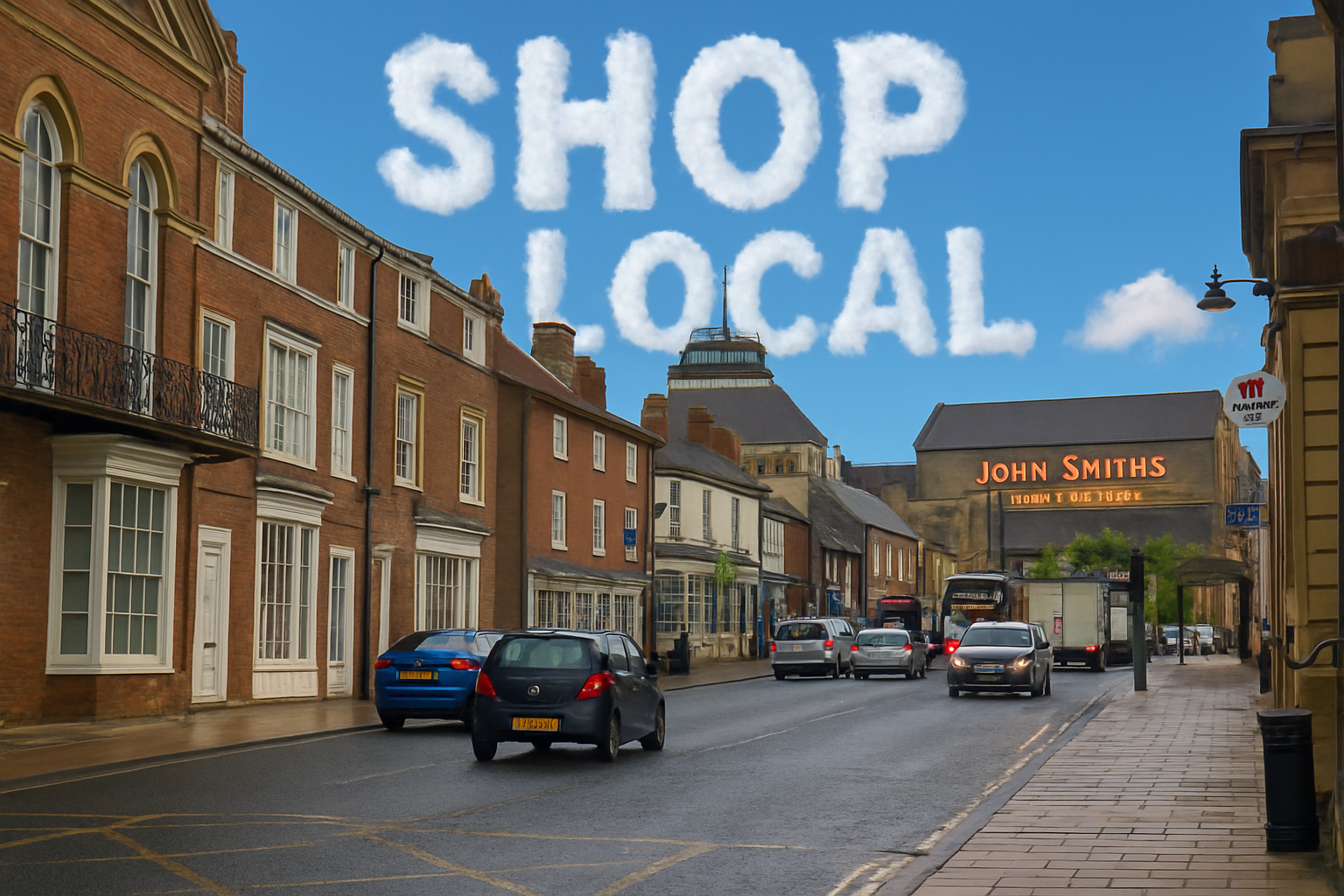 Tadcaster High Street Shop Local Image with John Smiths Brewery in the background 