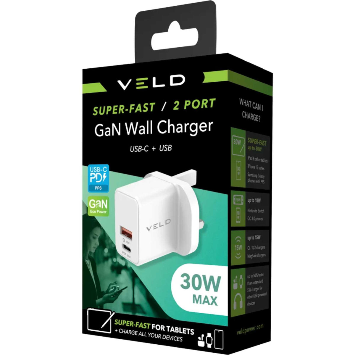 VELD VH30DW 30W Super-Fast 2 Port GaN Wall Charger