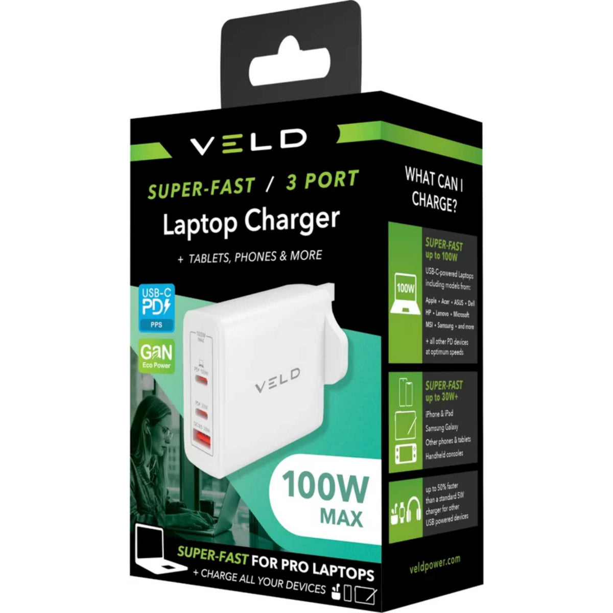 VELD VHG100JW Super-Fast 3 Port 100W USB Charger