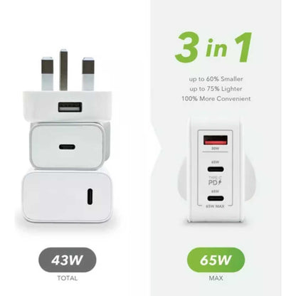 VELD VHG65JW Super Fast 3 Port 65W USB Wall Charger