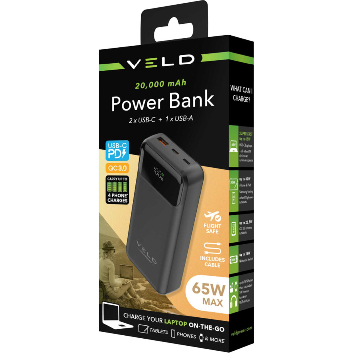 VELD VPB2065B 20,000 mAh 65W Power Bank - Black
