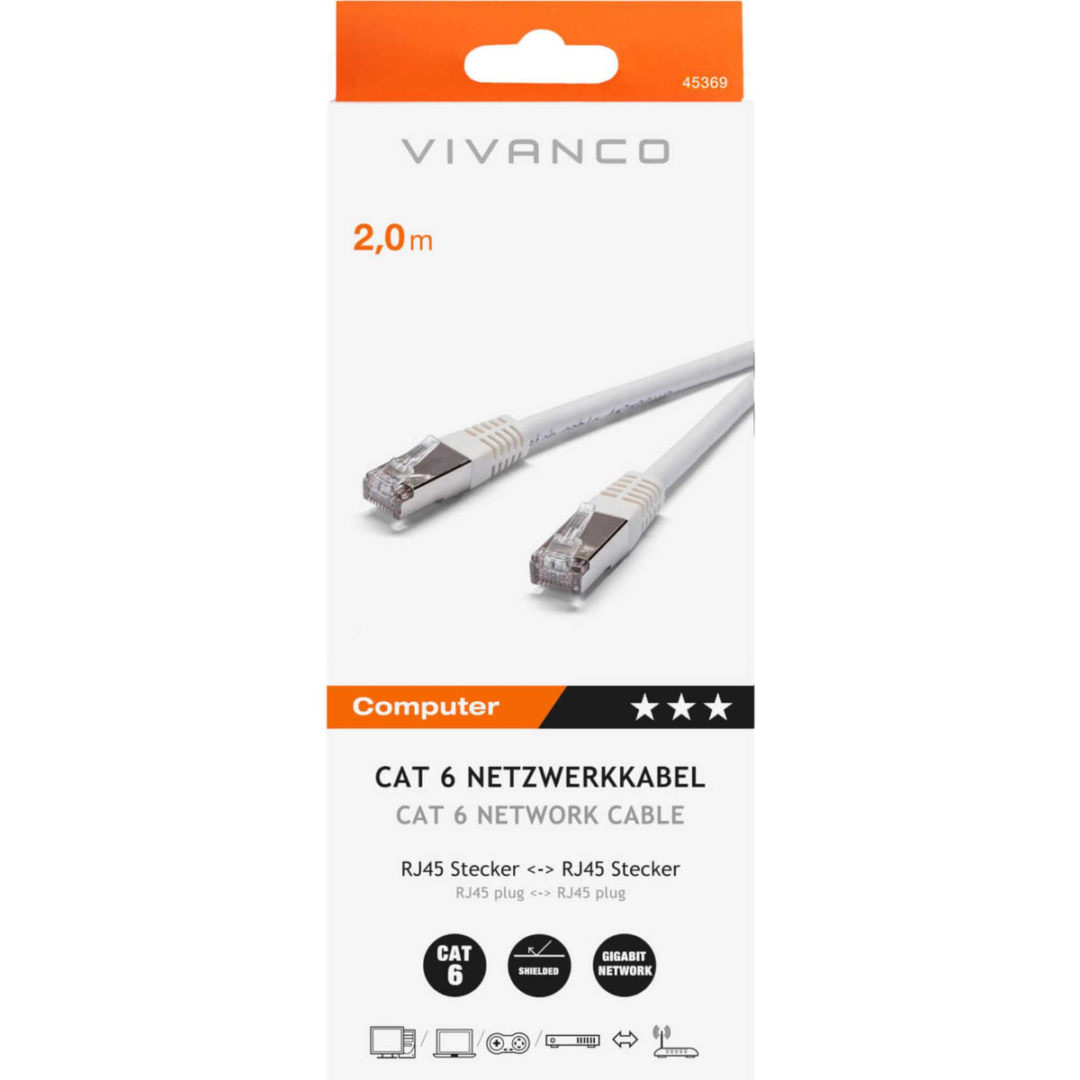 Vivanco 45369 CAT6 Fully Shielded Network Cable 2m Cable - White