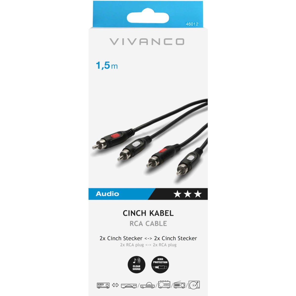 Vivanco 46012 RCA Connection Cable 1.5m Length Shielded Plug - Black