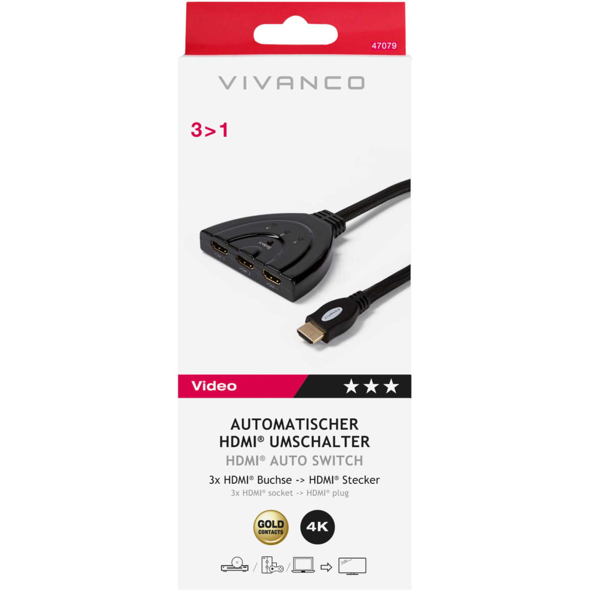 Vivanco 47079 3 Way Automatic HDMI Switch
