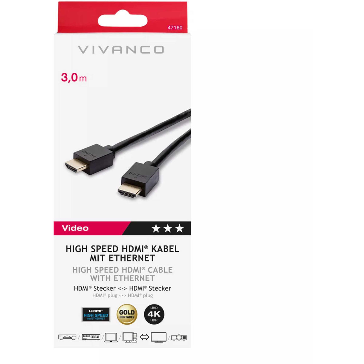 Vivanco 47160 3m HDMI 2.0 Cable with Ethernet & ARC