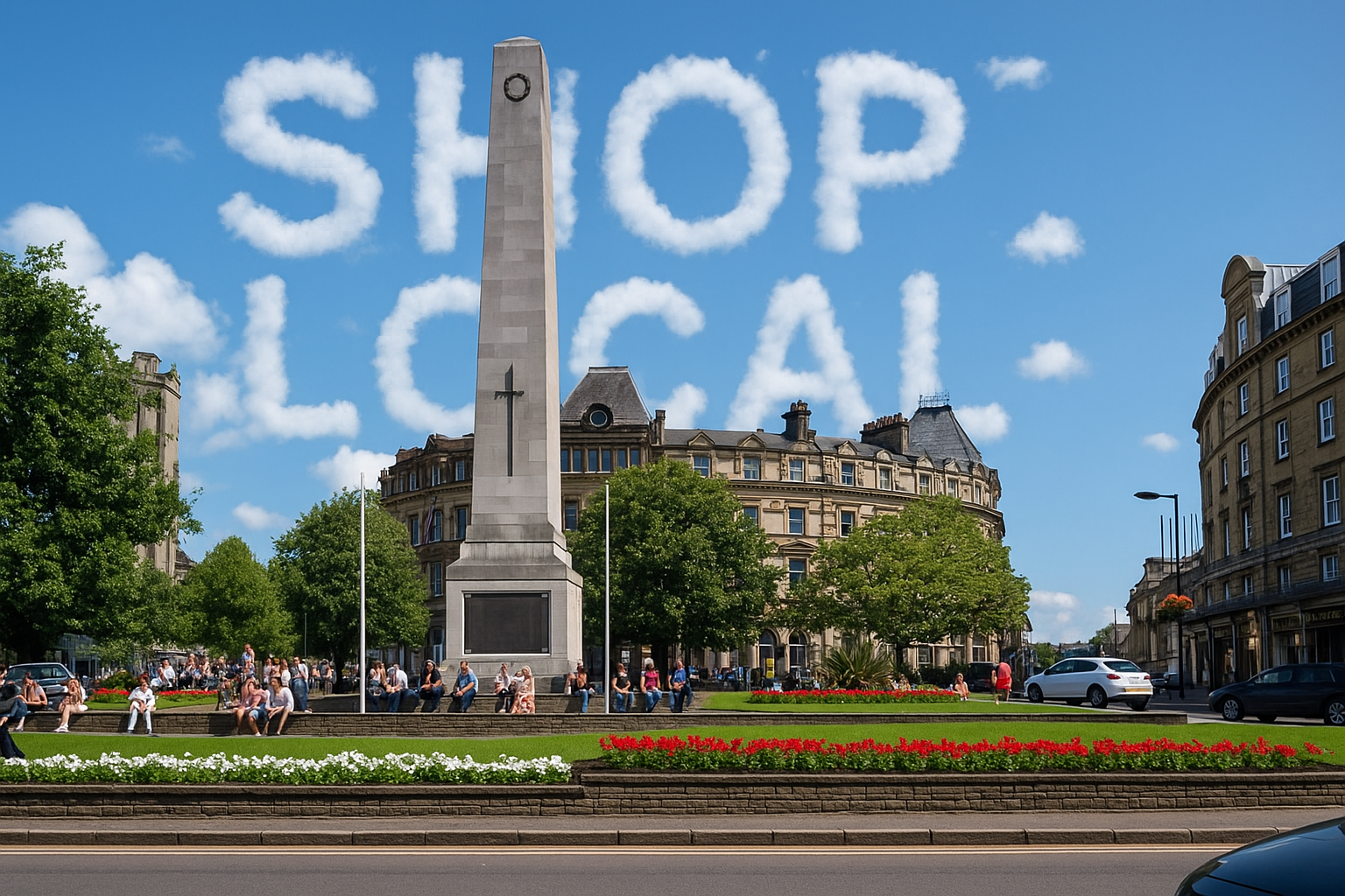 Harrogate Memorial in the town centre with the words shop local in the sky and people sitting around on a sunny day