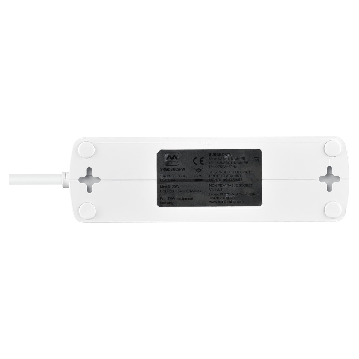 Masterplug SRGDSU62PW 6 Socket Extension Lead with 2 USB Ports